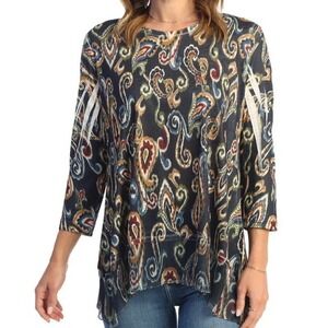Jess & Jane Tunic Top Women Medium Navy Paisley Excellent Cut Out Sleeve Chiffon